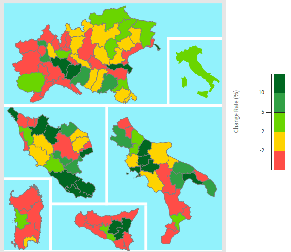 Exports from the Italian provinces: Y-o-Y % changes for year 2019