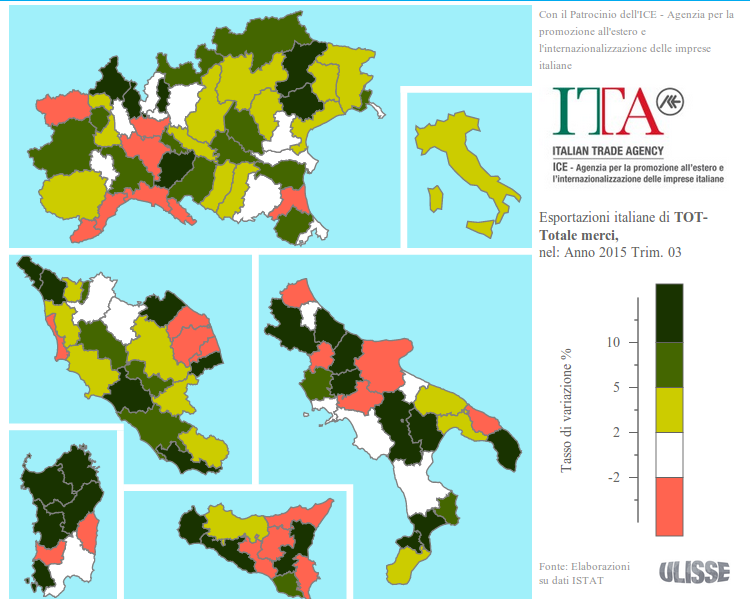 Esportazioni delle province italiane: variazioni tendenziali III trimestre 2015 (euro correnti; fonte: Exportpedia) 