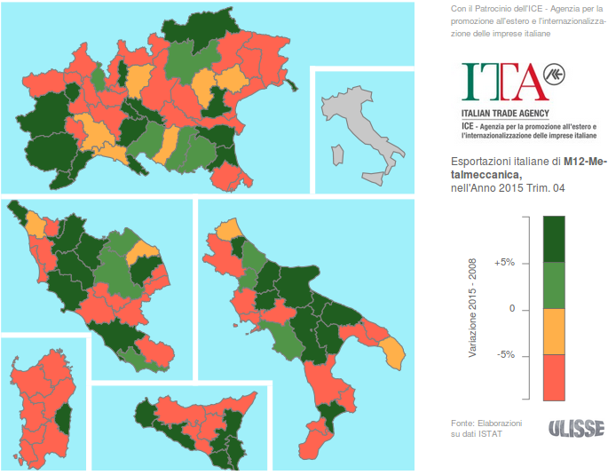Esportazioni italiane di Metalmeccanica per province: variazioni % 2008-2015 (prezzi costanti; fonte: Exportpedia)