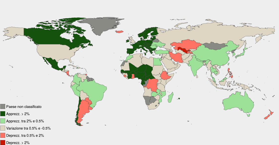 Mappa mondiale della dinamica delle tassi di cambio verso il dollaro