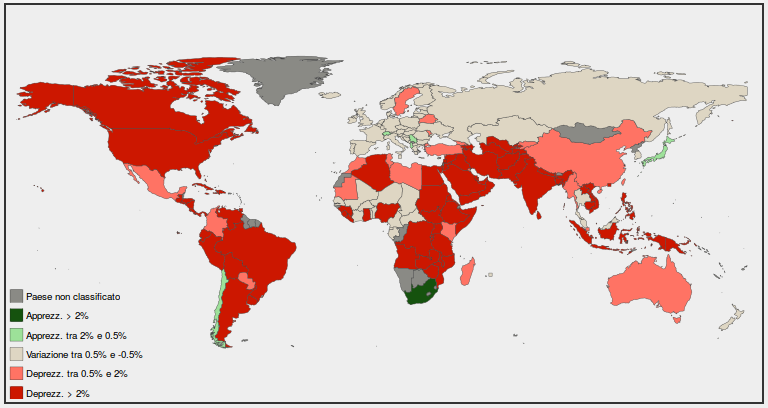 Mappa dei tassi di cambio di 121 valute per euro