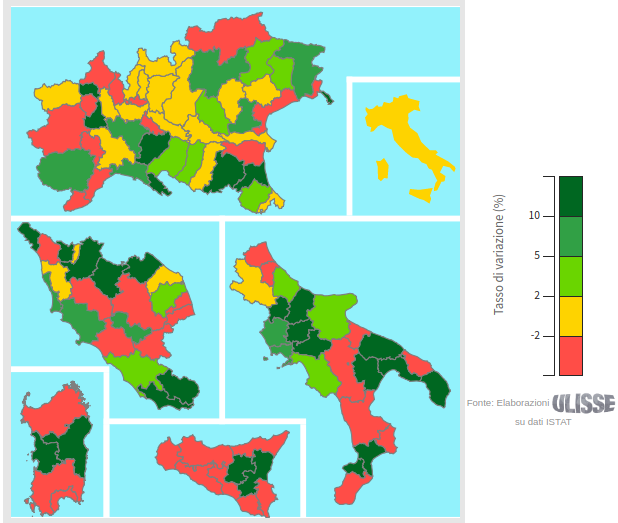 Esportazioni delle province italiane 1° trim. 2019 (var. % tend.)