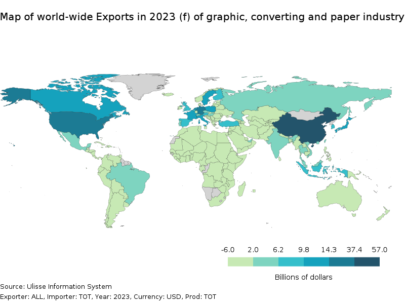 Map of world-wide Exports in 2023 of graphic, converting and paper industry