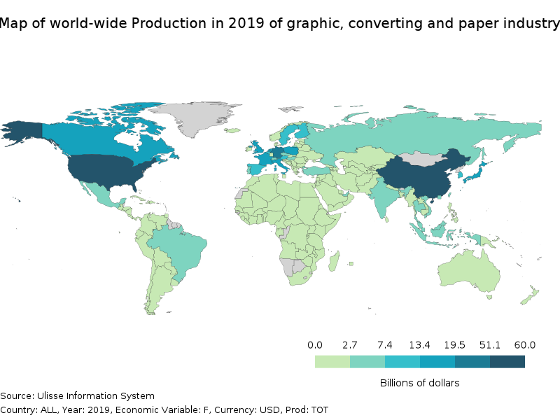 Map of world-wide Production 2019 of graphic, converting and paper industry