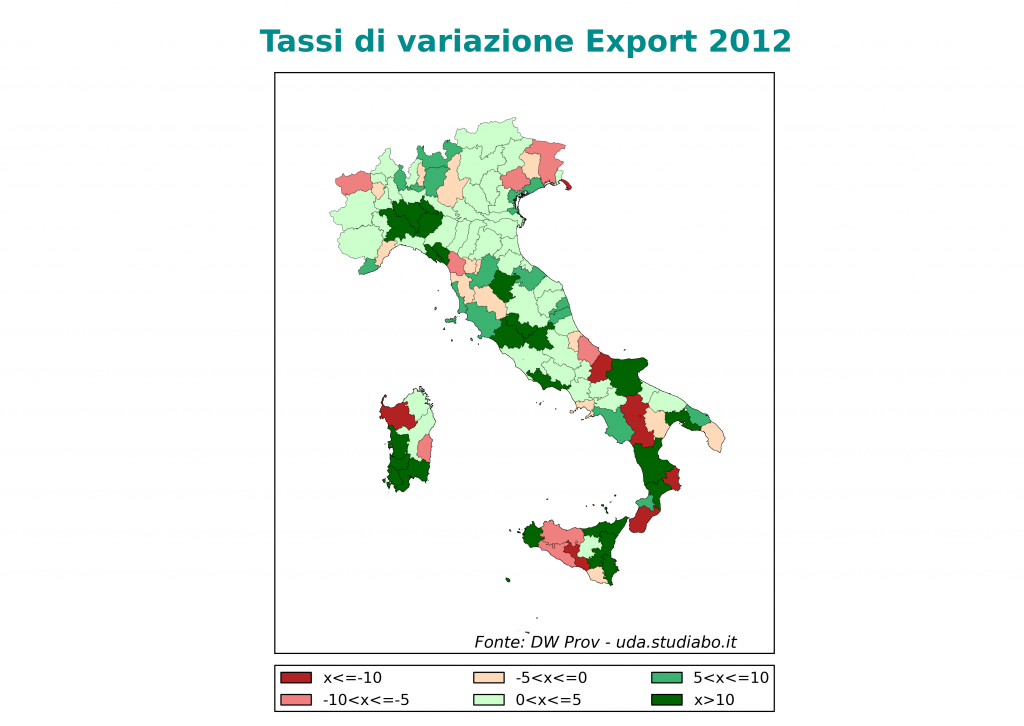 Export delle Province Italia: Tassi di variazione 2012 (prezzi correnti)