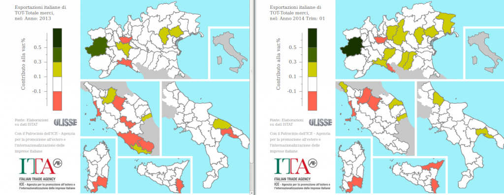 Fig: 1 - Contributi delle esportazioni provinciali alla variazione delle esportazioni italiane: Anno 2013 e I° trimestre 2014 Fig: 1 - Contributi delle esportazioni provinciali alla variazione delle esportazioni italiane: Anno 2013 e I° trimestre 2014