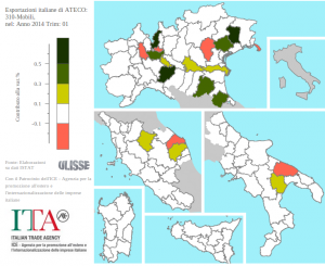 Contributi delle esportazioni provinciali alla variazione delle esportazioni italiane di Mobili: I trimestre 2014