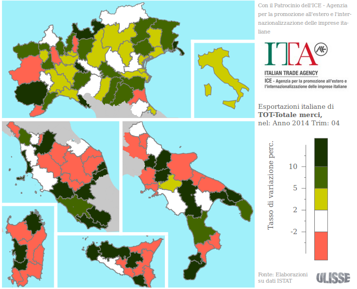 Esportazioni 4° trimestre 2014 province italiane: tassi di variazione tendenziali (euro correnti; fonte: Exportpedia)