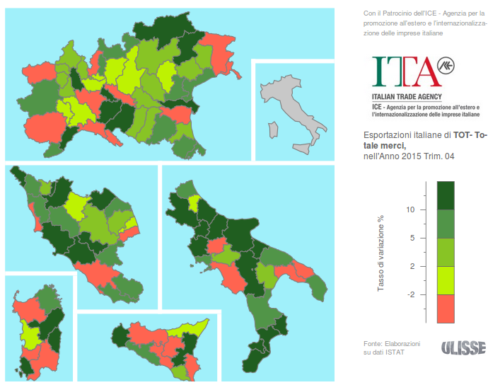 Esportazioni delle province italiane: variazioni tendenziali IV trimestre 2015 (euro correnti; fonte: Exportpedia) 