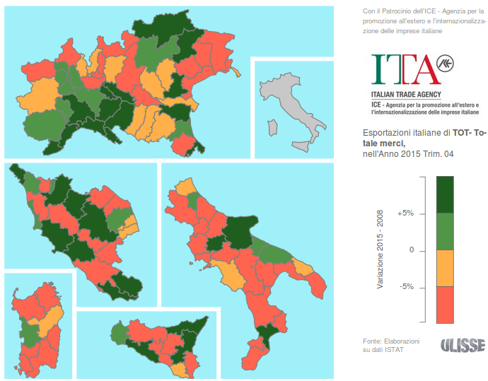 Esportazioni delle province italiane: Dall'inizio della Grande Recessione ad oggi (variazioni % 2008-2015, euro correnti; fonte: Exportpedia) 