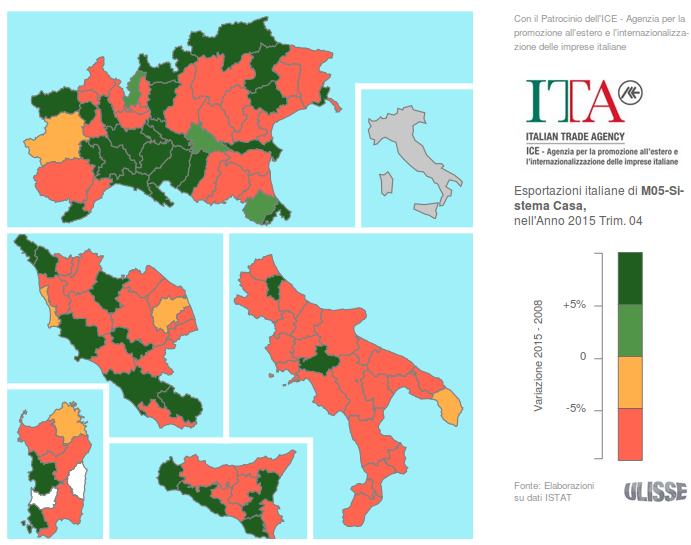 Esportazioni italiane di Sistema Casa per province: variazioni % 2008-2015 (prezzi costanti; fonte: Exportpedia)