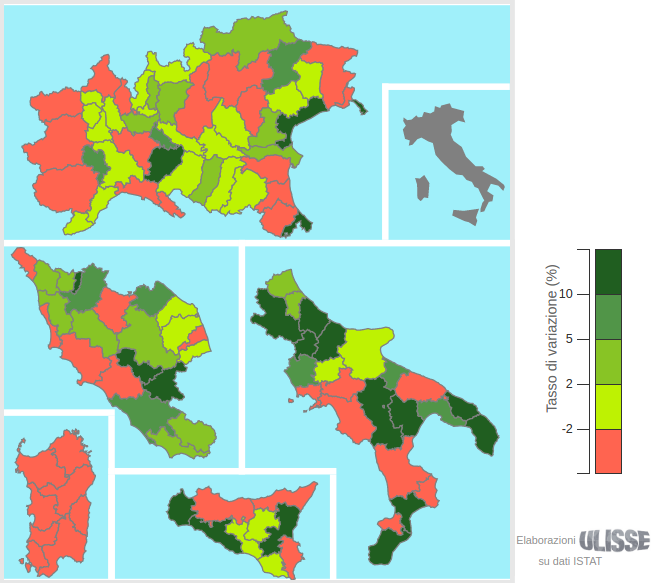 Esportazioni delle province italiane: variazioni tendenziali I trimestre 2016 (euro correnti; fonte: Exportpedia) 