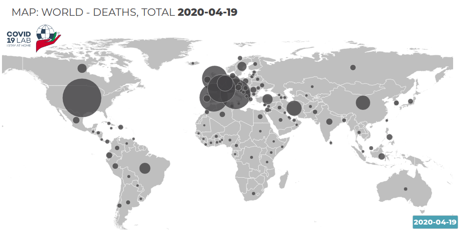 World Map of Covid-19 Deaths at 19th April 2020