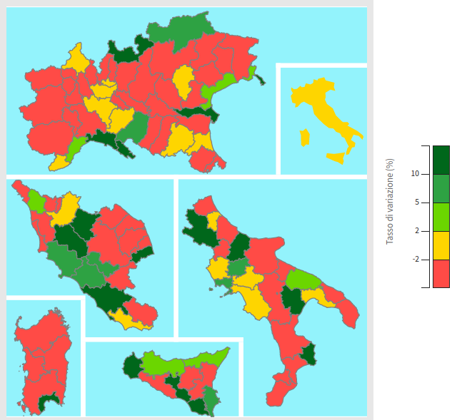 Esportazioni delle province italiane 1° Trimestre 2020 (var. % tendenziali in euro)