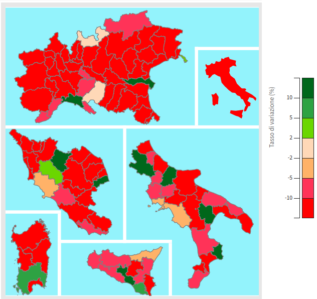 Esportazioni delle province italiane 1° Semestre 2020 (var. % tendenziali in euro)