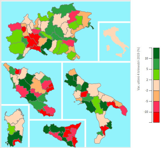 Esportazioni delle province italiane 1° Semestre 2020 (var. % tendenziali in euro)