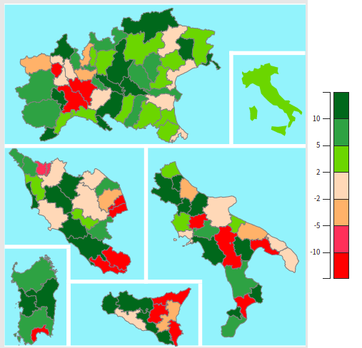 Esportazioni delle province italiane rispetto al 2019 (var. % tendenziali in euro)